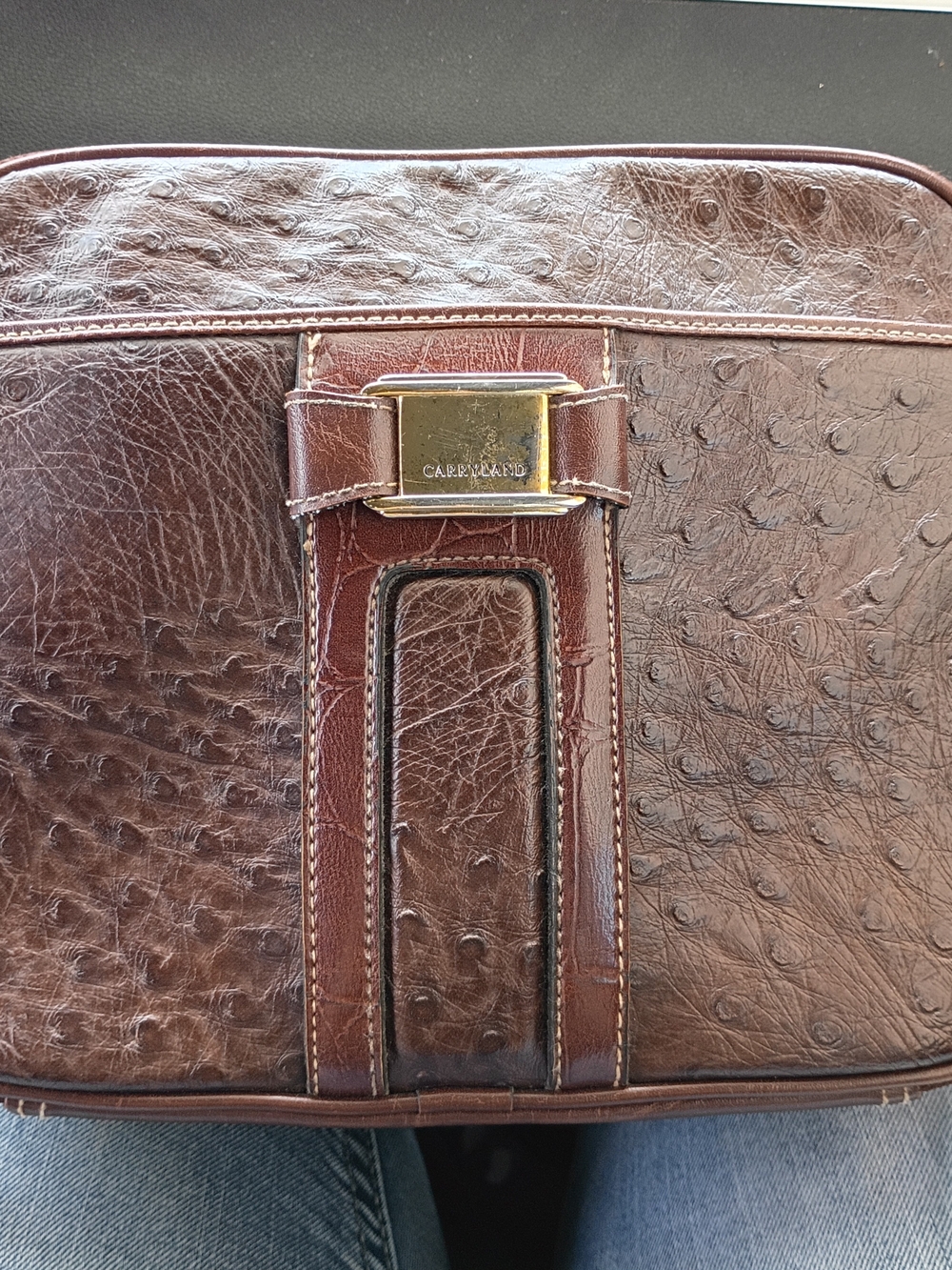 Brown Ostrich-Embossed Leather Carryland Crossbody Purse